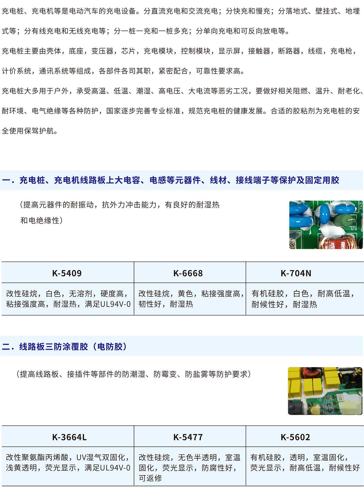 充电桩、充电机线路板上大电容、电感等元器件、线材、接线端子等保护及固定用胶、线路板三防涂覆胶(电防胶)