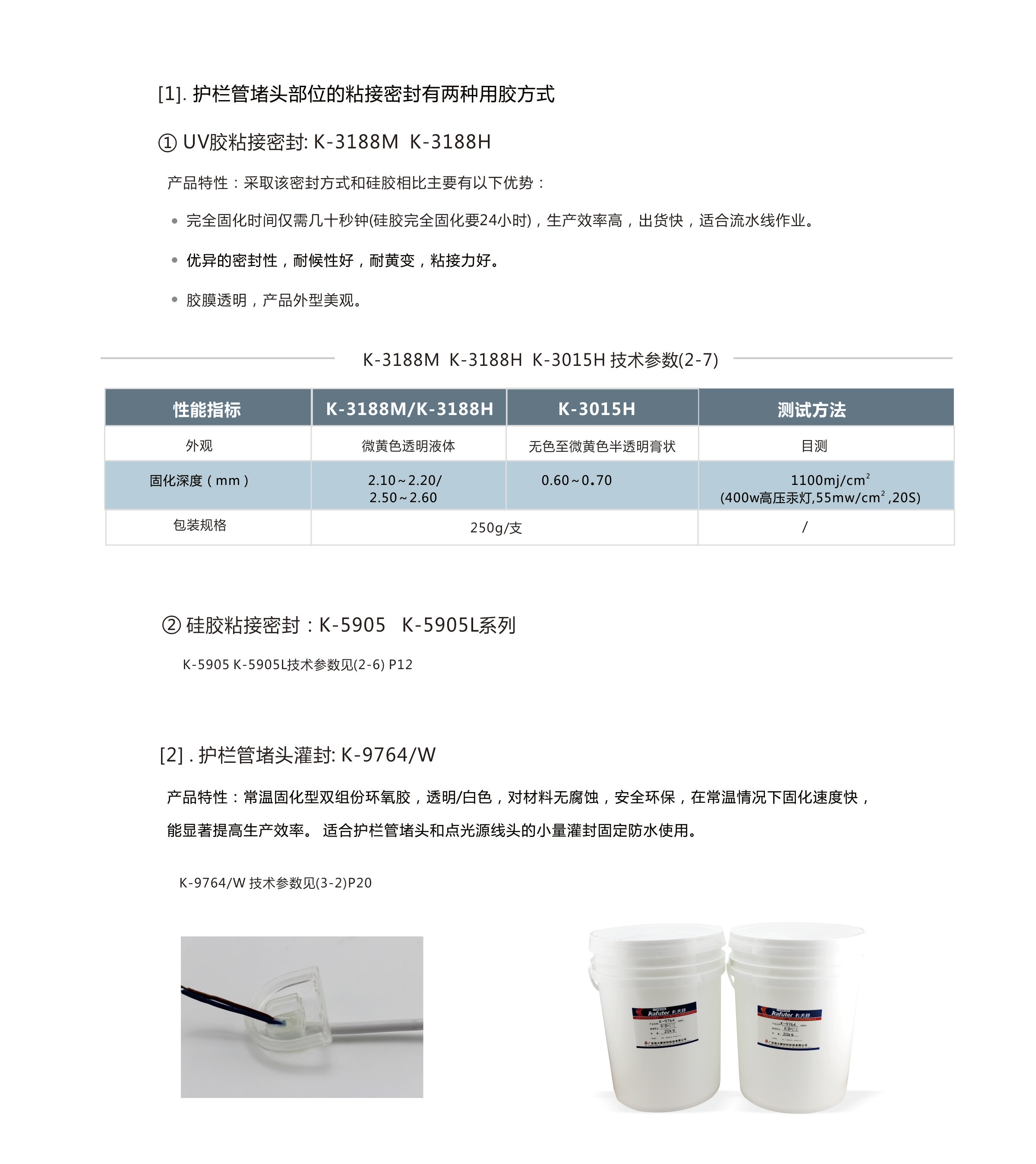 护栏管堵头部位的粘接密封有两种用胶方式